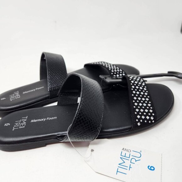 Time And Tru Women's Black Jeweled 2 Band Sandals Size 6 Memory Foam Black - Picture 6 of 10